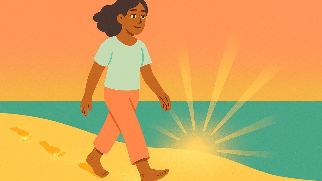 Woman walking on beach at sunrise during 30 days happiness challenge mindfulness meditation practice.