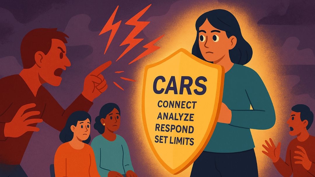 Woman using CARS strategy shield to protect boundaries from high conflict personality behavior.