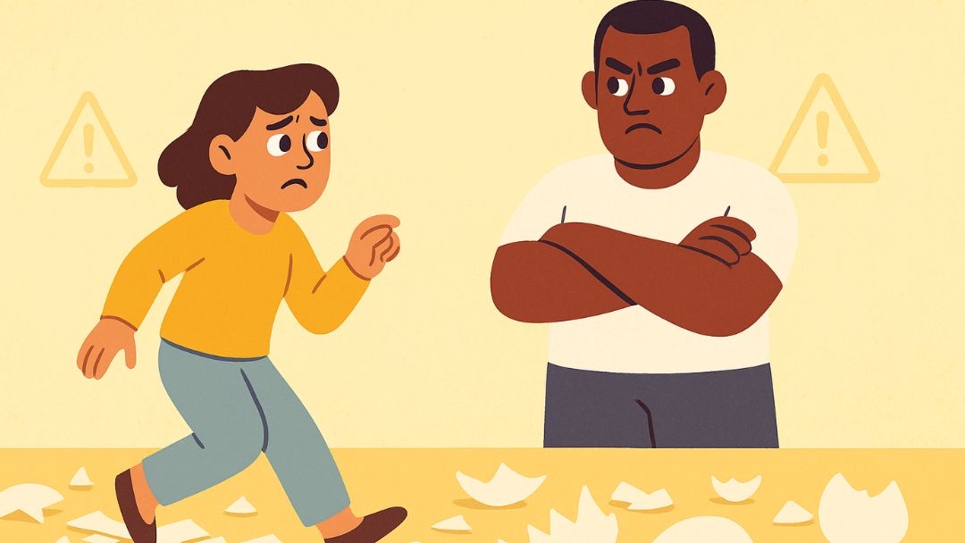 Warning signs of high conflict personality with person walking on eggshells.