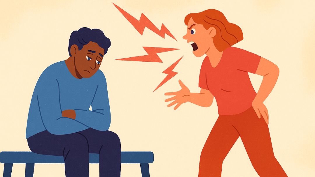 Woman aggressively yelling and blaming man sitting dejected on bench showing high conflict personality red flags.