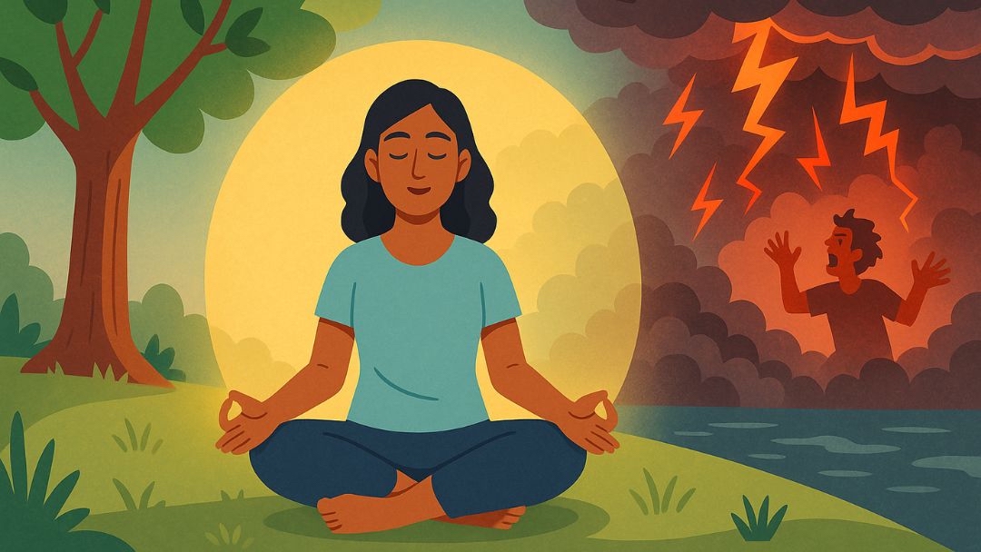 Woman meditating peacefully while high conflict person rages in background demonstrating self-control.