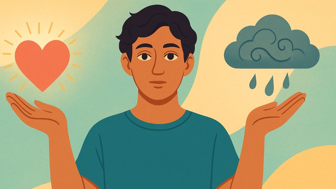 Man with high EQ balancing positive and negative emotions calmly.