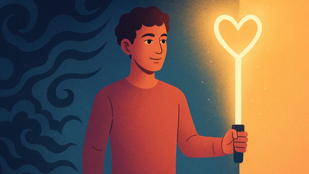 Emotionally intelligent person with high EQ navigating darkness with positive mindset.