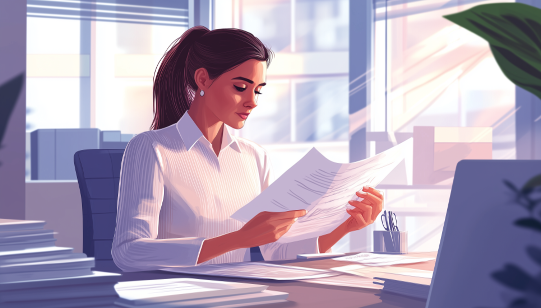 Executive assistant reviewing documents showing high paying job with no degree necessary.