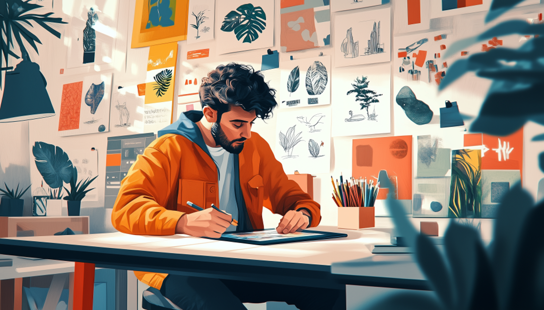 Graphic designer creating artwork illustrating high paying job no degree needed career.