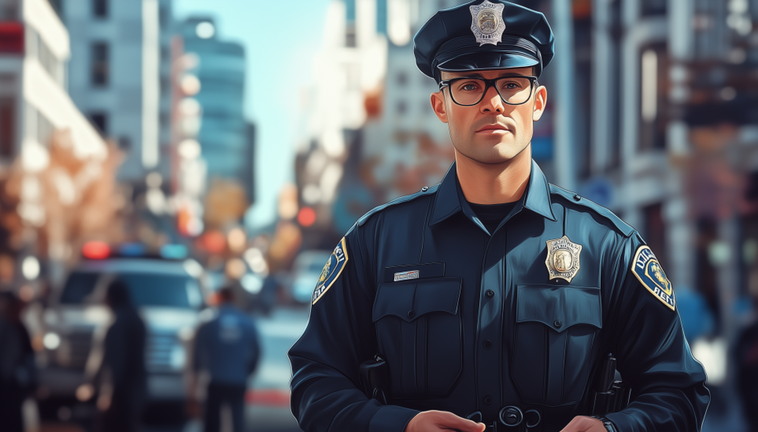 Police officer in uniform representing high paying job with no degree needed.