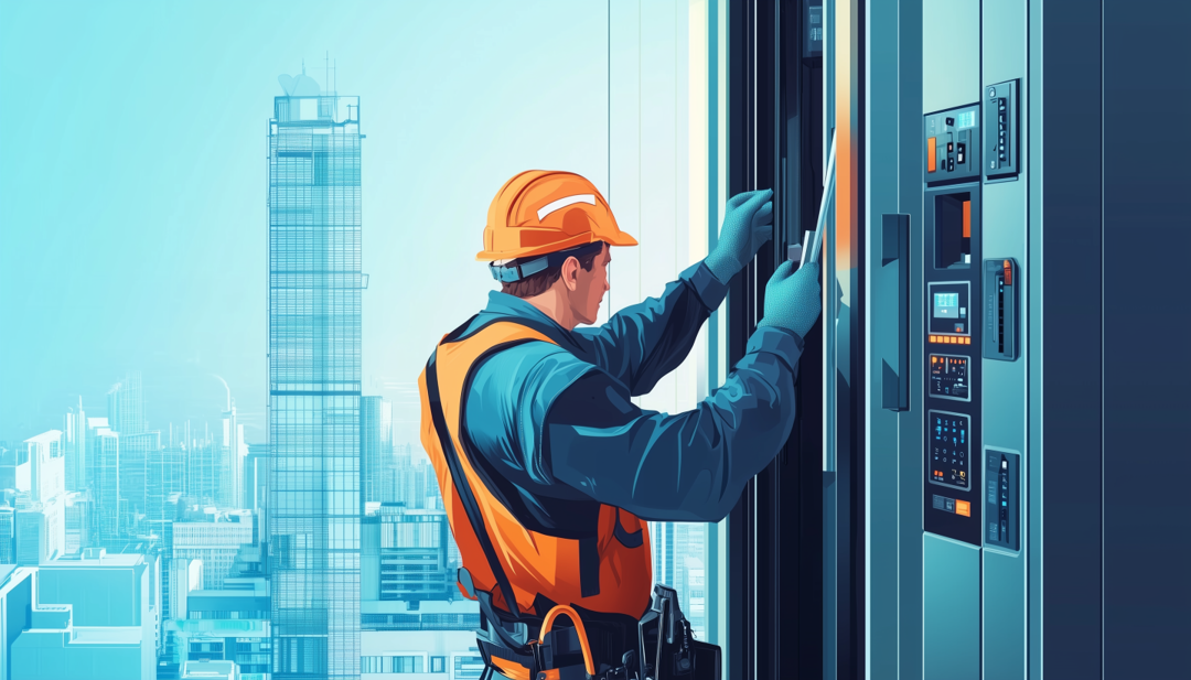 Elevator technician repairing system showing high paying job no degree required.