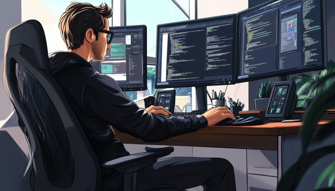 Web developer coding on multiple monitors showing high paying job no degree required.