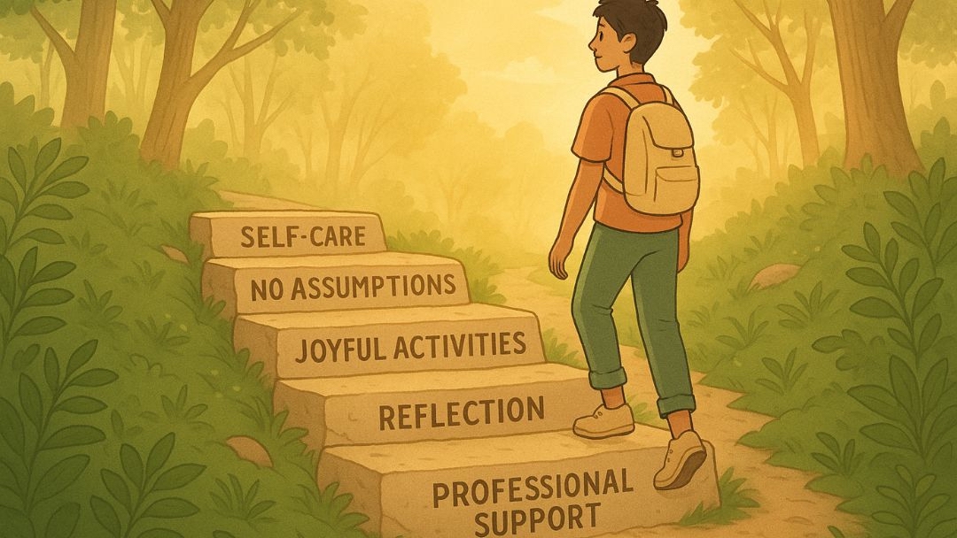 Person climbing steps labeled with holistic wellness habits including self-care, reflection, and professional support.