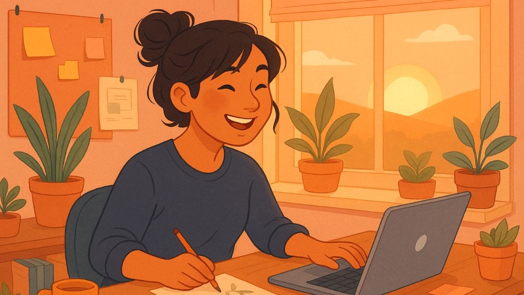 Happy person working in peaceful home office with plants demonstrating holistic wellness and balanced lifestyle.