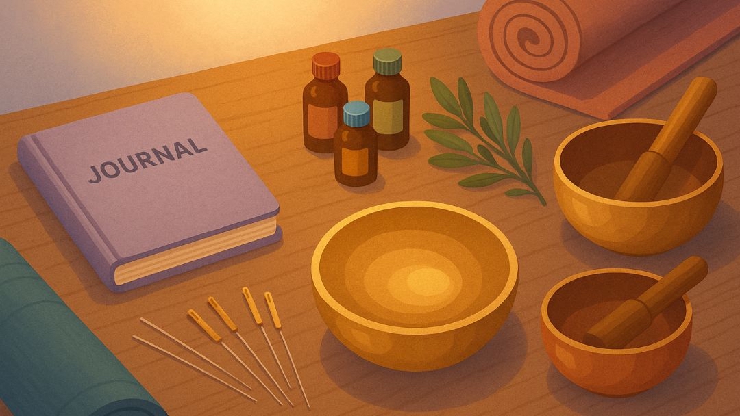Holistic wellness practices including journal, essential oils, singing bowls, and natural healing tools on yoga mat.