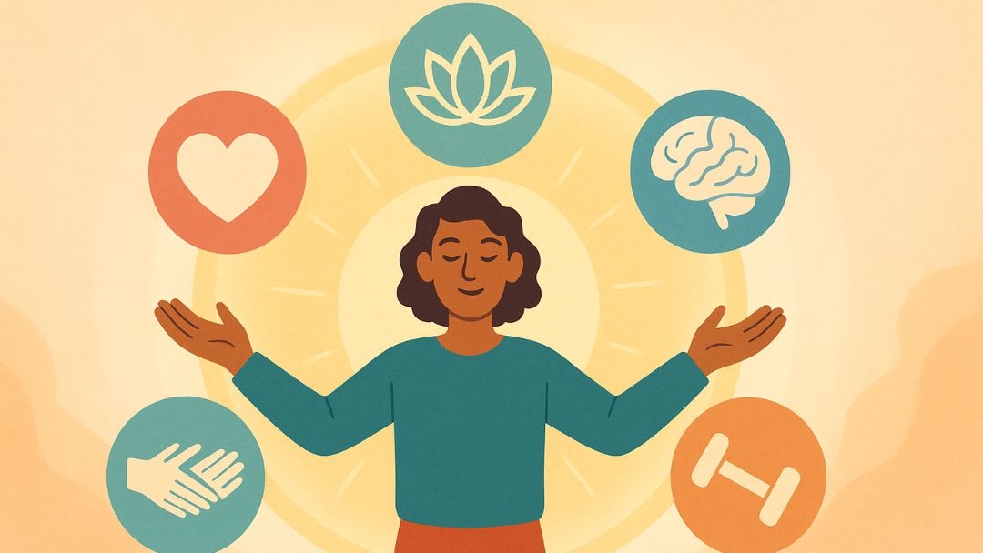 Woman surrounded by holistic wellbeing symbols including heart, lotus, brain, hands, and fitness representing balanced health.