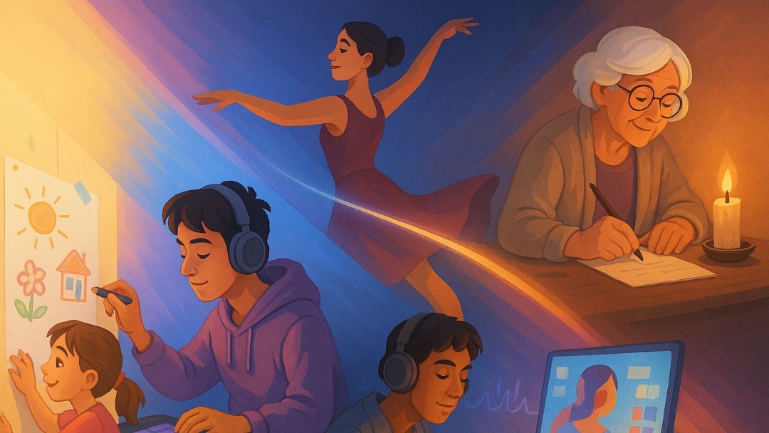 People with artistic personality types thriving in creative careers including dance, design, writing, and digital art.