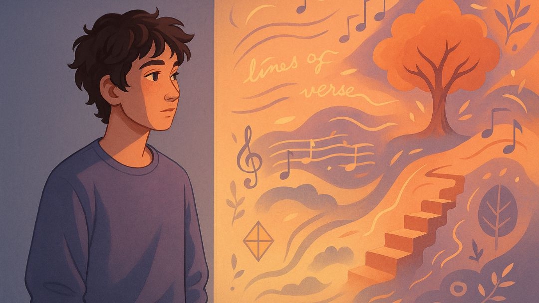 Person with artistic personality contemplating creative ideas including music, poetry, and visual art.
