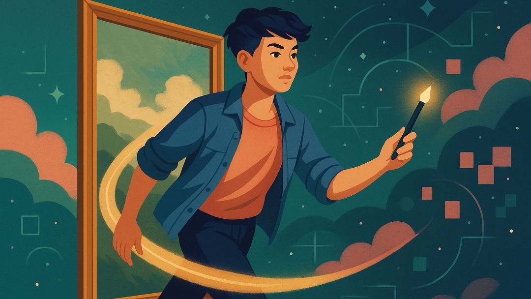 Person with artistic personality moving between imaginative and practical worlds with creative thinking.