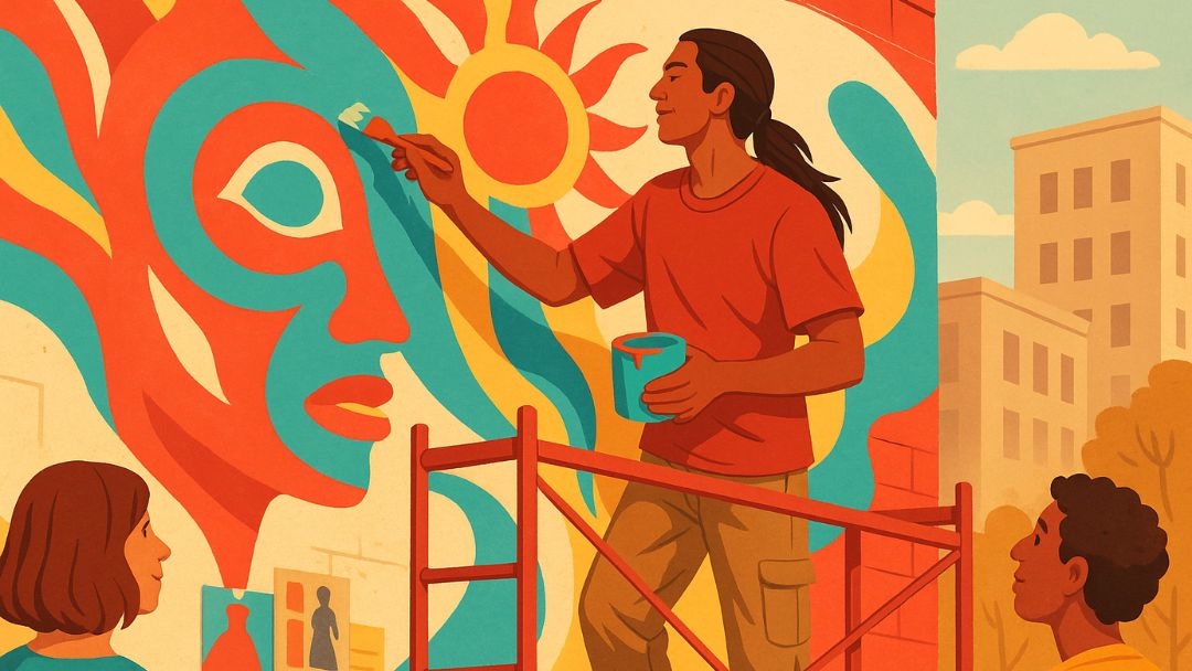 Artist with artistic personality creating vibrant mural showing creative self-expression and independence.