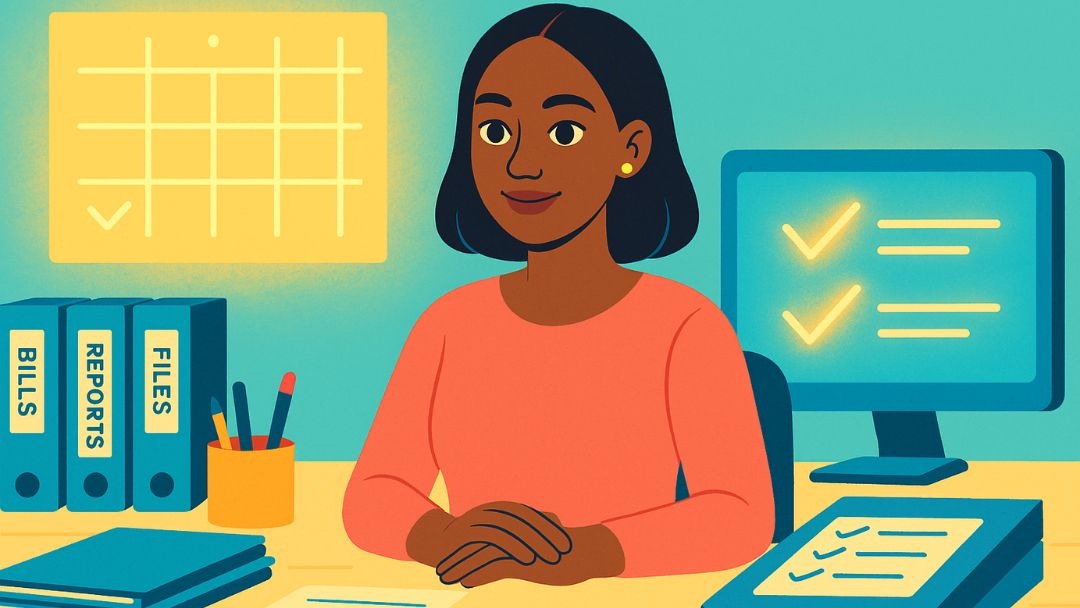 Woman at organized desk with computer, files, calendar, and reports representing Holland conventional personality career environments and office work.