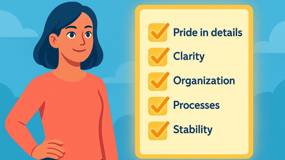 Woman with checklist showing conventional personality traits including pride in details, clarity, organization, processes, and stability.