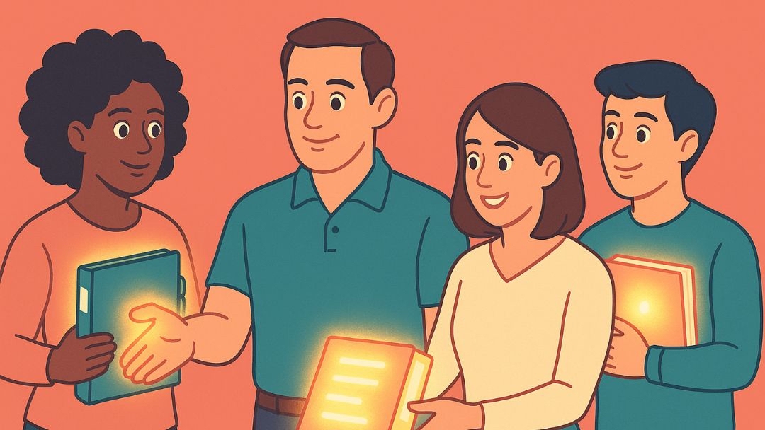 Group of diverse people holding glowing folders representing Holland conventional personality type traits and organizational skills.