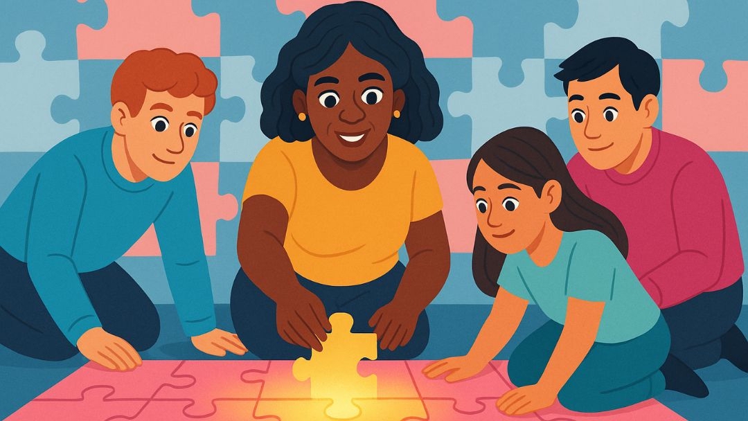 Diverse team working together on puzzle pieces representing how career fit involves more than skills in Holland conventional personality matching.