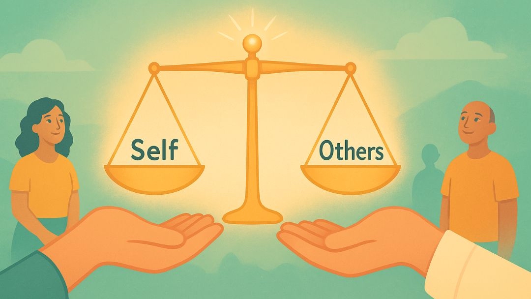 Balanced scale with self and others showing how not to be a narcissist through empathy.