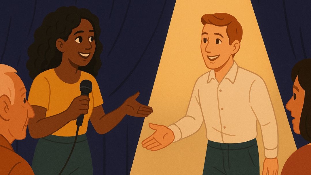 Woman acknowledging man on stage demonstrating humility to avoid being a narcissist.