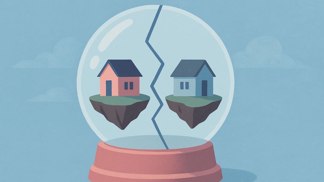 Cracked snow globe with separated houses showing signs it's time to break up.