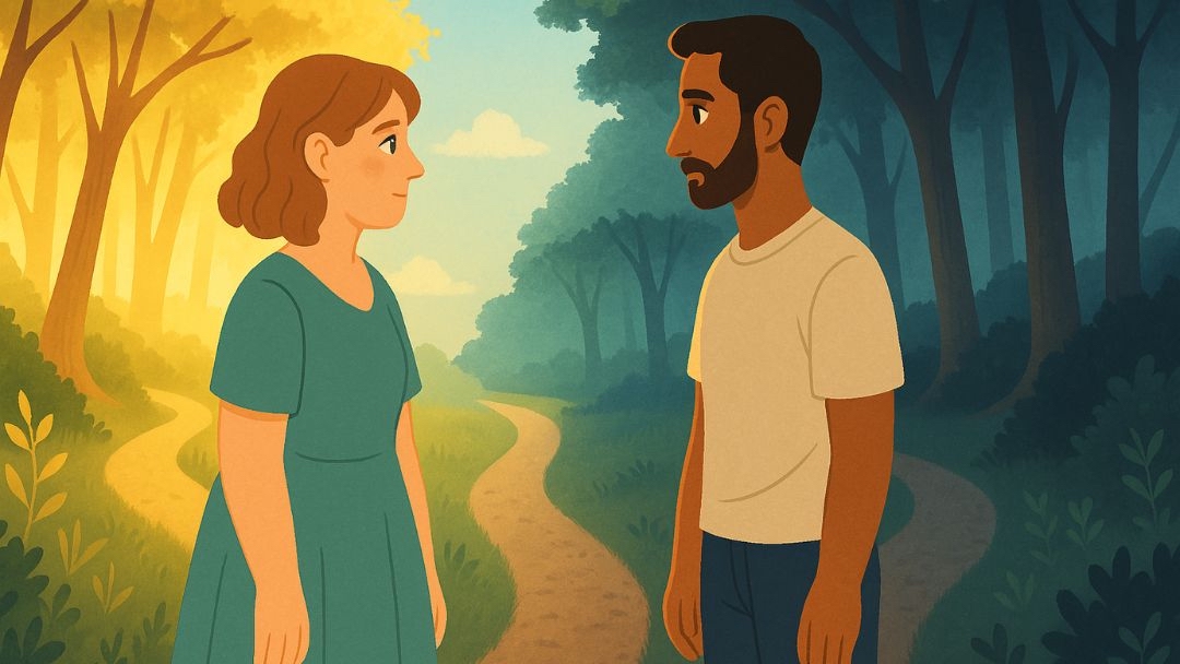 Couple at crossroads contemplating how to break up with compassion and clarity.
