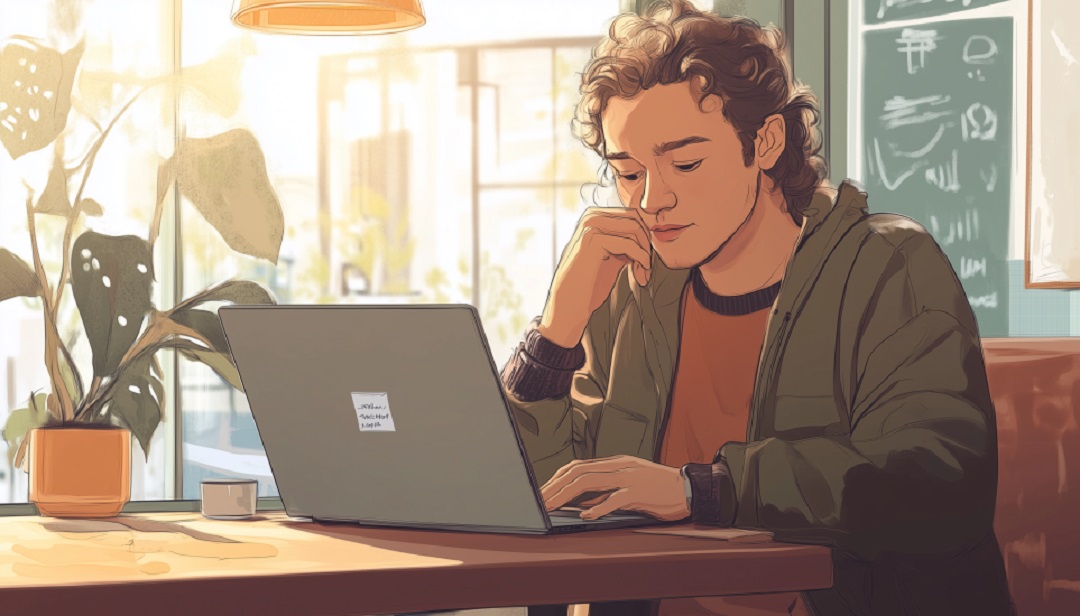 Job seeker carefully crafting email to decline a job offer professionally.