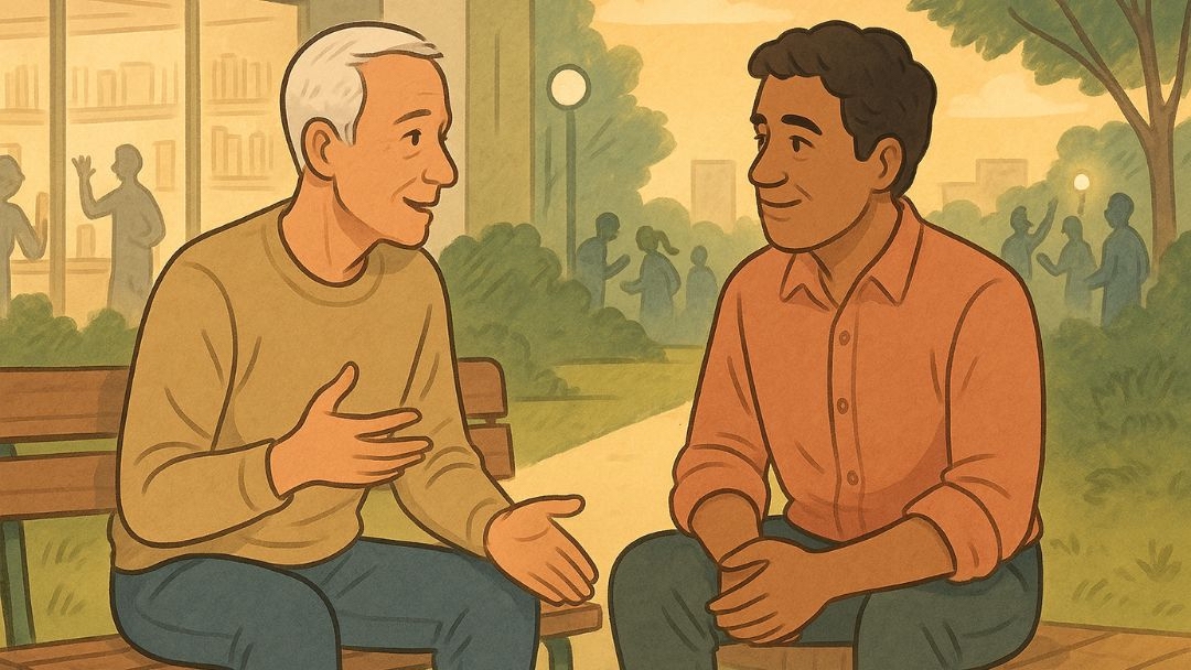 Men building confidence to stop taking things personally through supportive conversation.