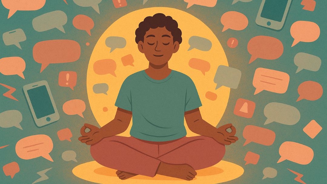 Person meditating to learn how to not take things personally amid digital noise.