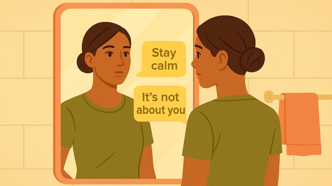 Woman using positive self-talk strategy to not take things personally.