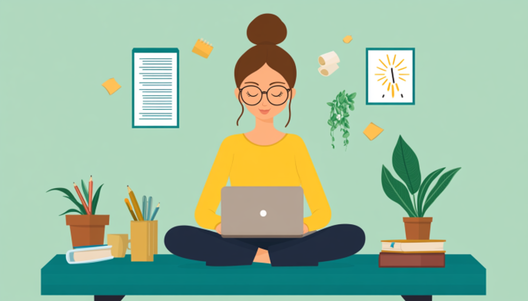 Woman working from home demonstrating how to improve work-life balance with calm workspace.