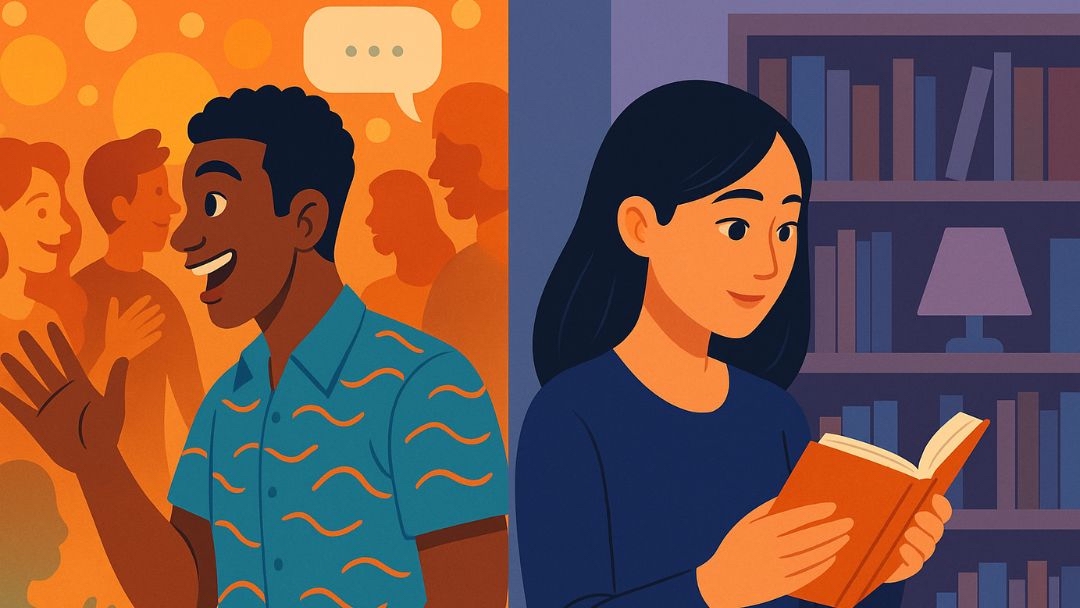 Extrovert and introvert relationship differences showing social vs solitary personality preferences.