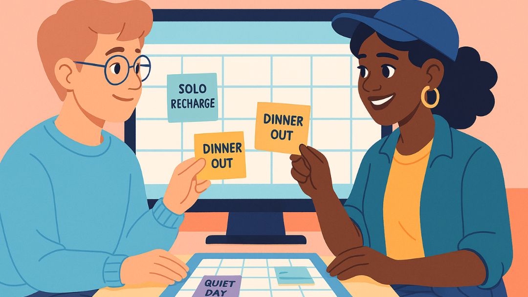 Introvert-extrovert relationship couple balancing social activities with alone time on shared calendar.