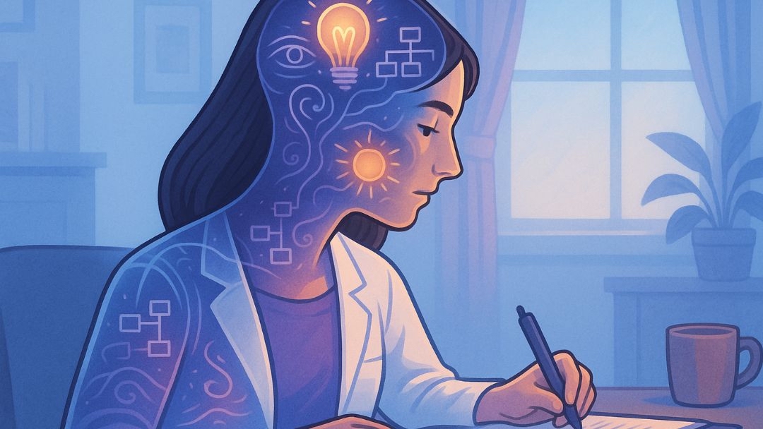 Woman with glowing thought patterns illustrating introverted intuition cognitive function in MBTI.