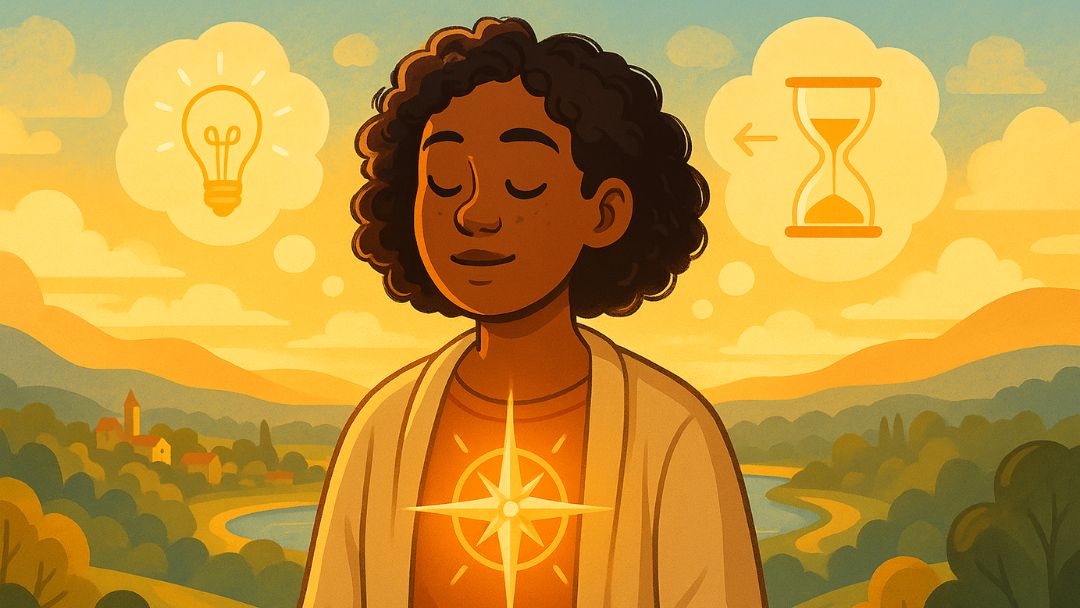 Person with compass symbol showing introverted intuition signs of insight and future-focused thinking.