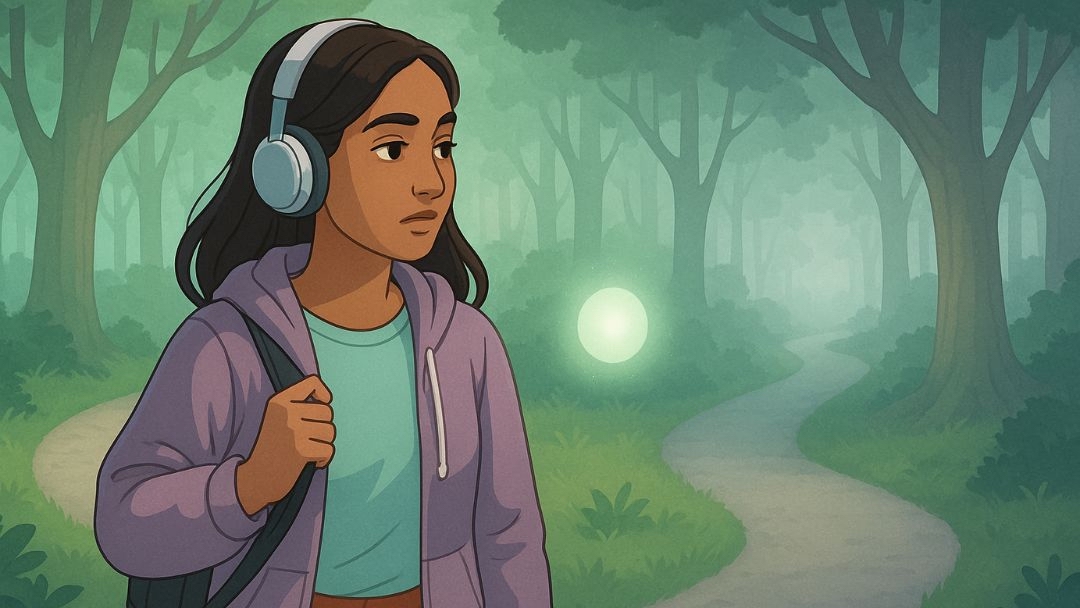Woman walking forest path with headphones depicting introverted intuition balanced with present awareness and careful decision-making.