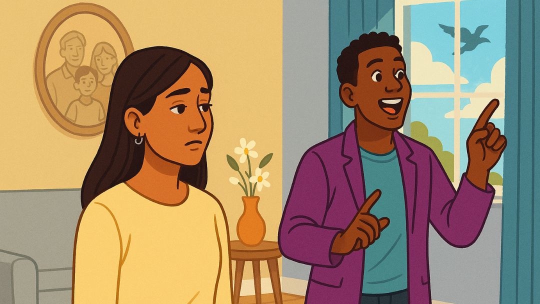 Woman reflecting on past with family photo contrasted with man excitedly discussing future showing introverted intuition versus extraverted intuition.