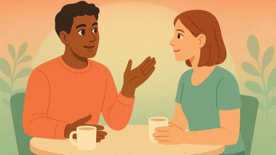 Two colleagues in meaningful conversation showing introverts in the workplace building deep relationships.