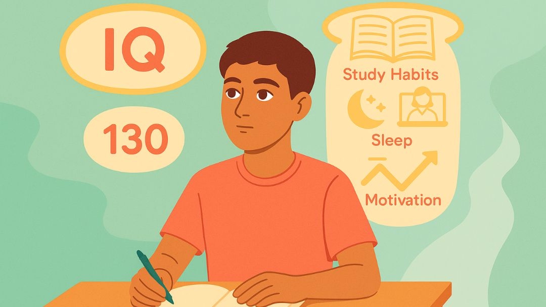 Student with IQ score of 130 considering study habits, sleep, and motivation for academic success.