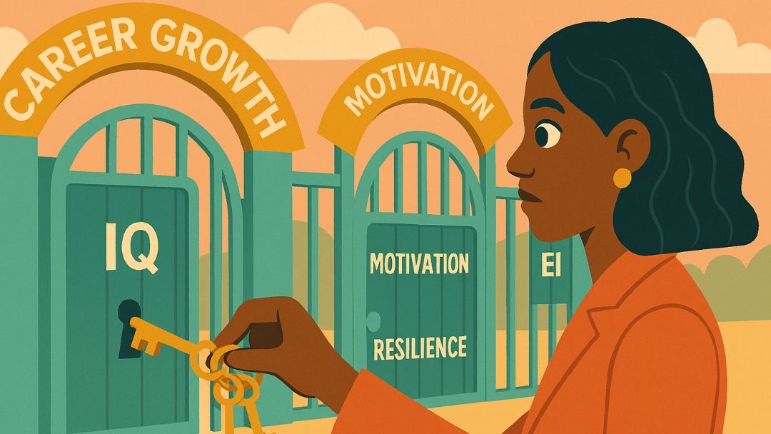 Woman unlocking career growth and motivation doors alongside IQ, resilience, and EI pathways.