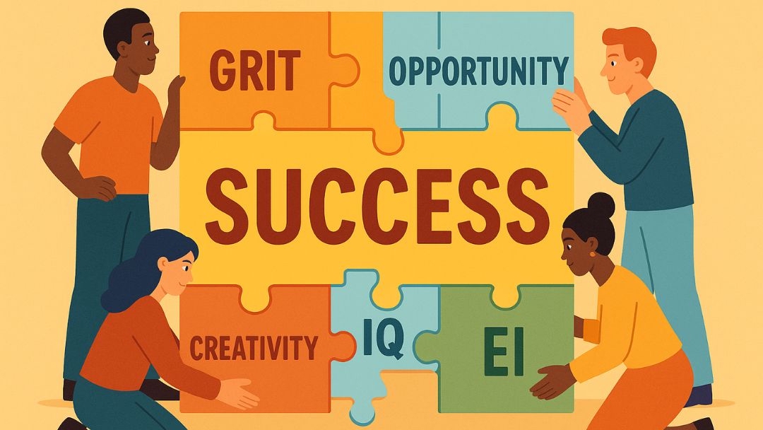 Puzzle pieces showing IQ among grit, opportunity, creativity, and EI as factors in success.