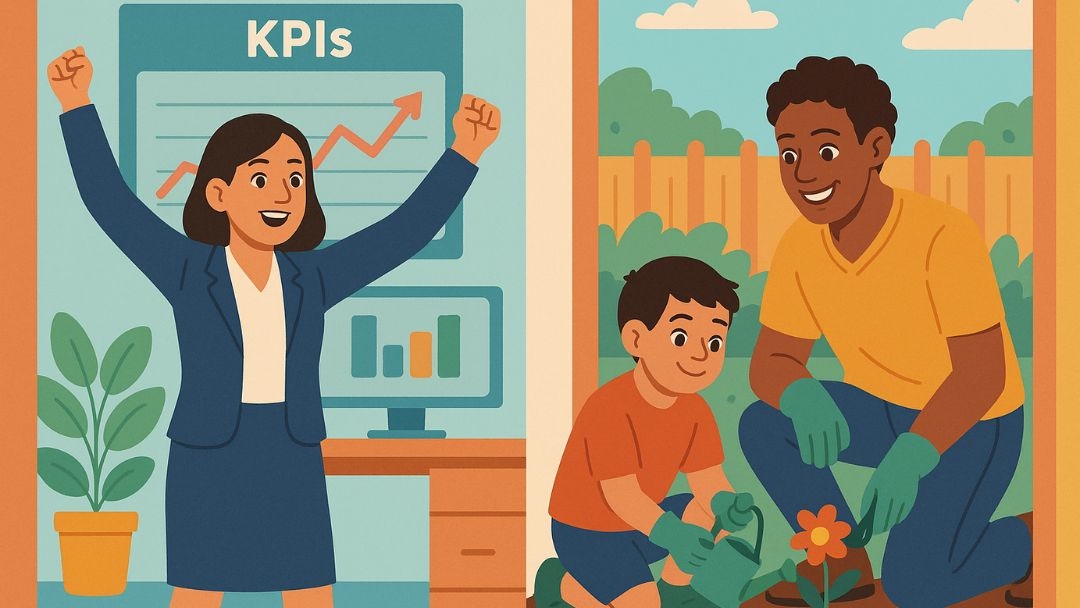  Split image showing professional success with KPIs and personal success through family gardening.