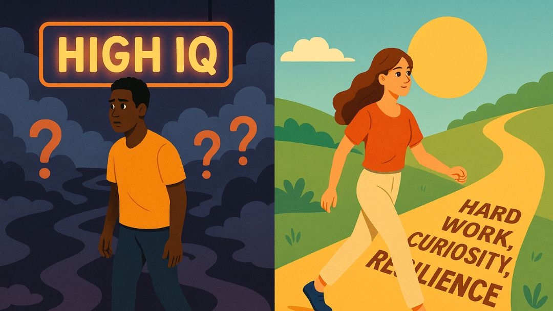Contrasting high IQ alone with unclear path versus success through hard work, curiosity, and resilience.