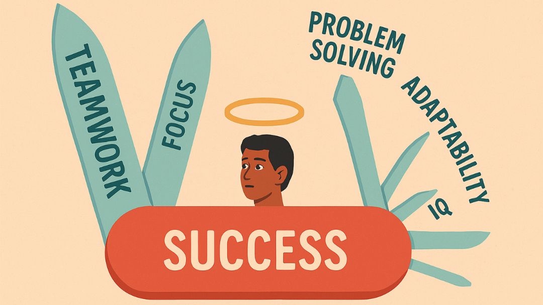 Person with success toolkit showing teamwork, focus, problem solving, adaptability, and IQ abilities.