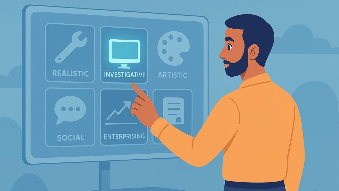 Man selecting investigative career path from realistic, artistic, social, and enterprising options for success.