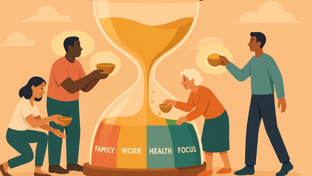 People balancing time across family, work, health, and focus for life success.