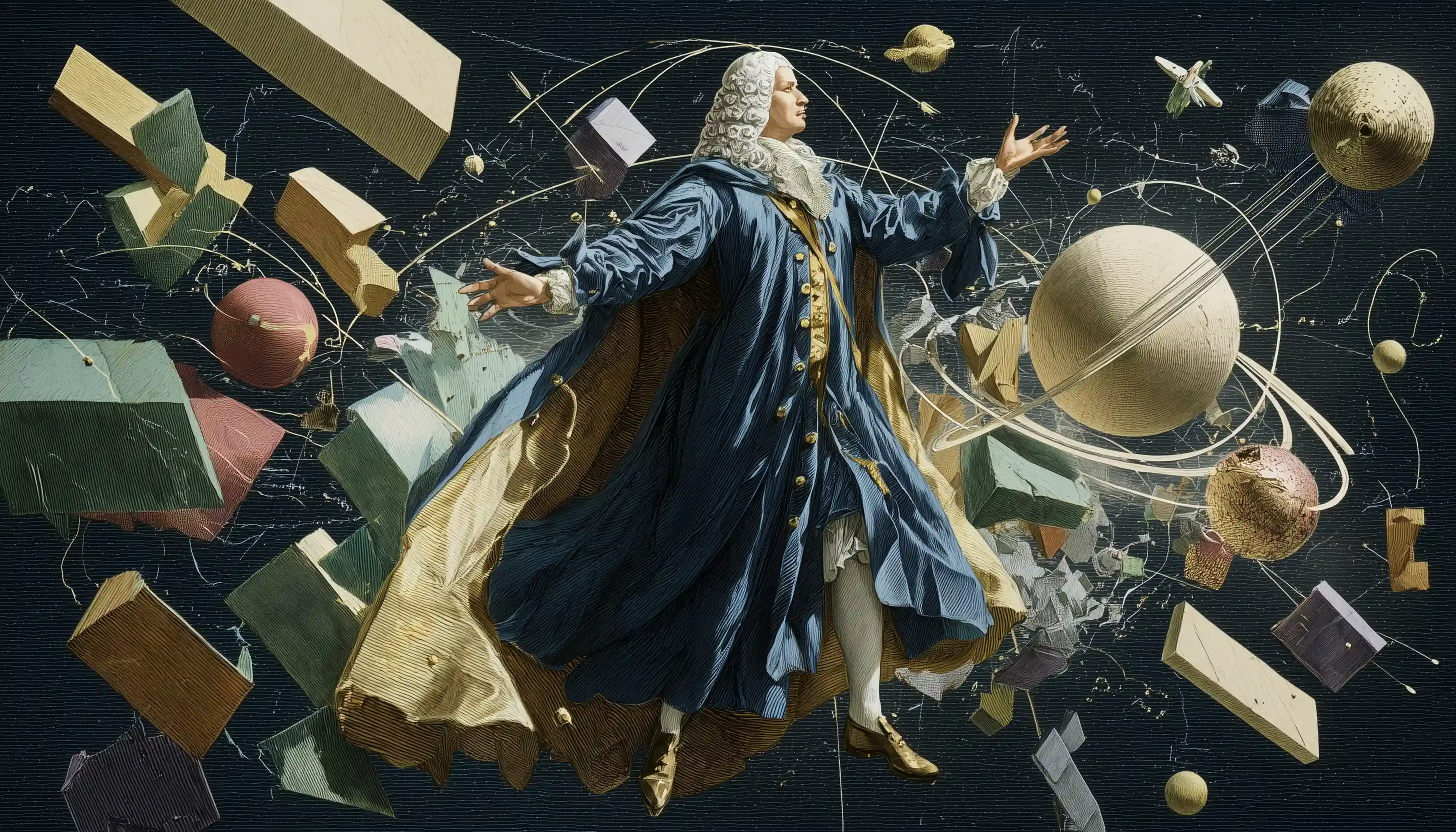 Isaac Newton surrounded by formulas illustration