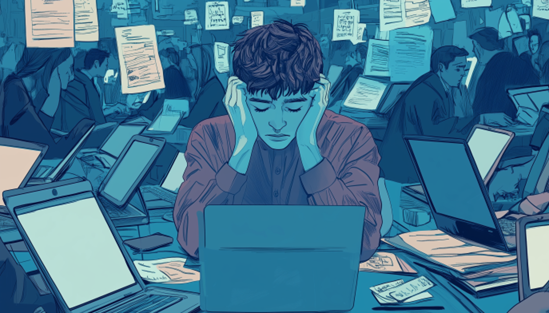 Stressed worker in chaotic environment showing unsuitable careers for ISFJs to avoid.